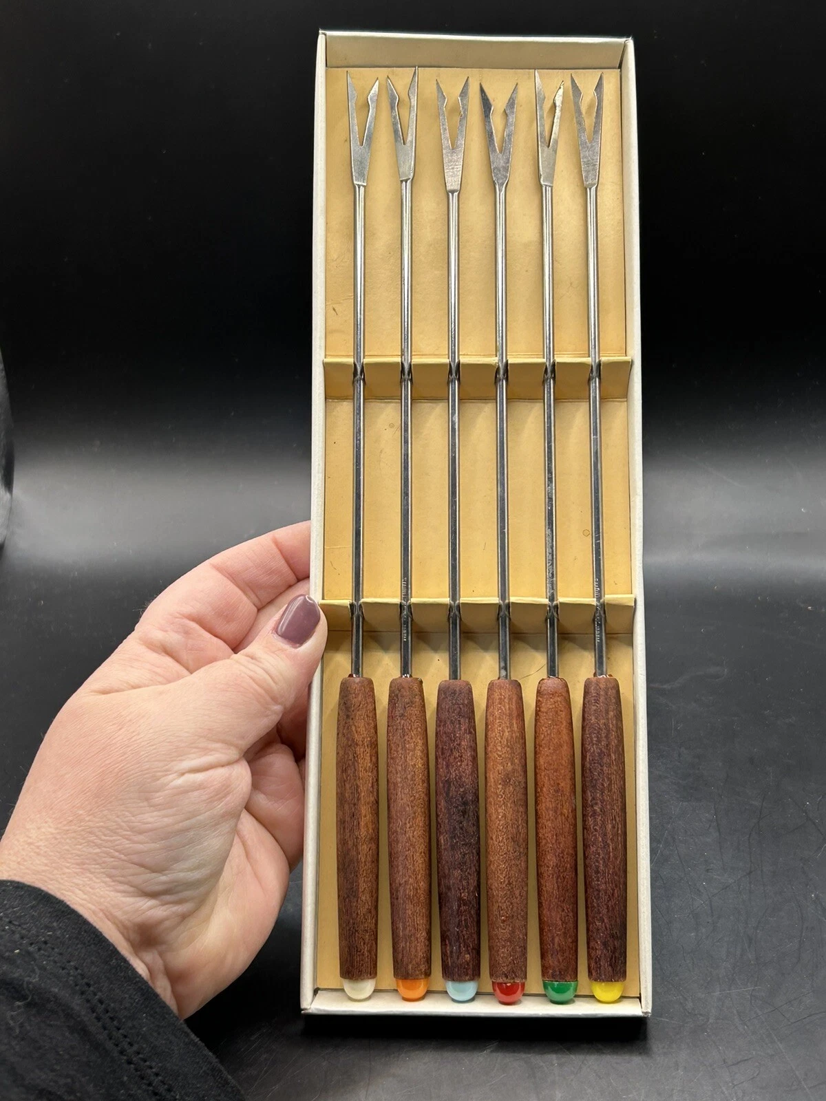 Vintage Fondue Forks Never Used Stainless Steel Wood Colored Ends Set of 12
