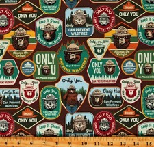 Cotton Smokey The Bear Words Brown Fabric Print by Yard D787.18