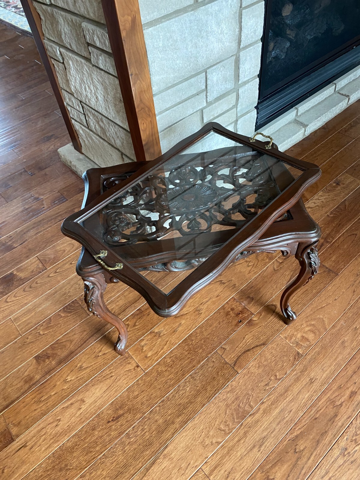 Antique Hand Carved Mahogany Tea Table w/ Removable Glass Serving Tray