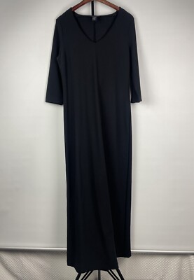 Boston Proper Black Slinky Goth V-Neck 3/4 Sleeve Back Slit Midi Dress Size M