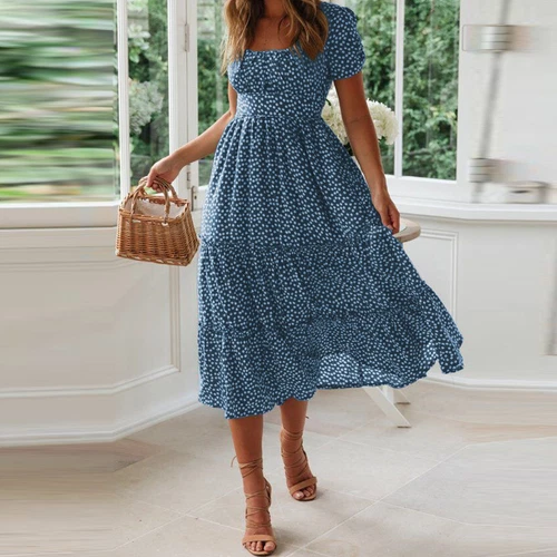 Womens Boho Short Sleeve Summer Print Dress Ladies Beach Casual Midi Sundresses - Picture 4 of 8