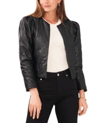 Vince Camuto Cropped Jacket Quilted Faux-Leather Puff Shoulder