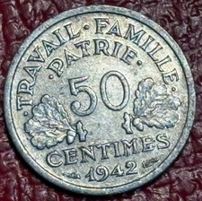HIGH GRADE AU 1942 FRANCE FRENCH 50 CENTIMES COIN-APR312