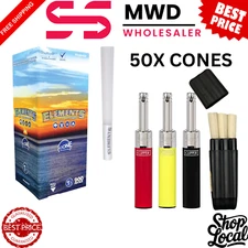Elements 50 Pre-Rolled Cones + Metal Tube Clipper Lighter + RAW Three Tree Case