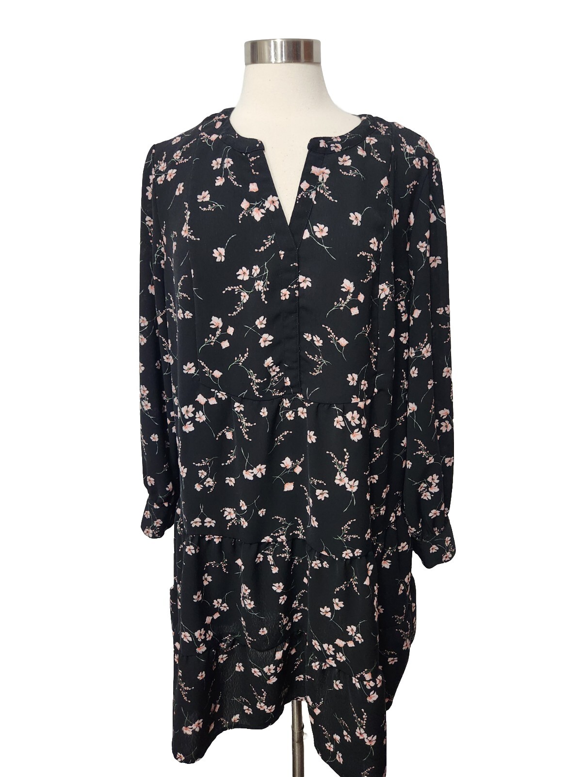 Time and Tru Womens Black Floral Drop Waist Long Sleeve Dress Size XL 16/18