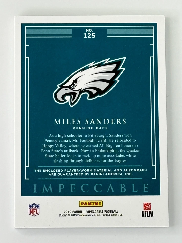 2019 PANINI IMPECCABLE MILES SANDERS AUTO DUAL PATCH RC 16/25 PHILADELPHIA EAGLE - Image 2 of 2