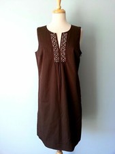 Ann Taylor LOFT 100% Cotton Brown Beaded Pleated Sleeveless Top Dress Women 10 M