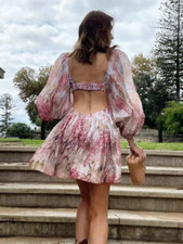 Women Lantern Sleeve Backless Mini Dress Holiday Beach Chic Floral Size XS