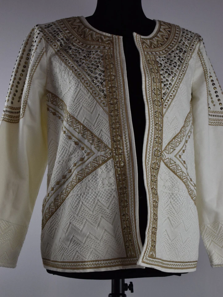 Chico's Sz 1 M/8 Open Front Beaded Jacket Lined Blazer Embellished Lace Sequins - Image 2 of 4