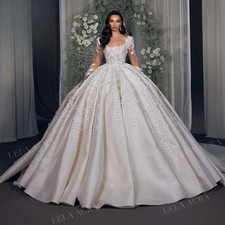 Long Sleeve Ball Gown Wedding Dress Appliques 3D Flowers Backless Princess Bride
