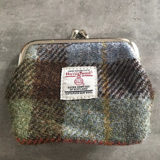 Harris Tweed Coin Purse Scotland Wool Kiss Lock Mini Wallet Tartan Plaid Blue