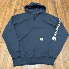 Carhartt Navy Blue Pullover Hoodie Loose Fit Sleeve Logo Mens Small