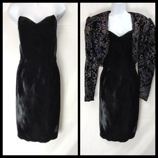 Vintage 80s Scott McClintock Velvet Strapless Dress Cropped Bolero 12 Boning
