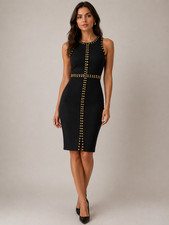 Vestido MAAC London negro vendaje para mujer 6 ribete dorado sin mangas ceñido al cuerpo