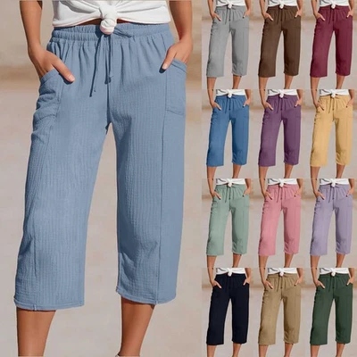 Women's Cotton Linen Elastic Waist Trousers Drawstrings Summer Casual Crop PantS - Image 1 of 4