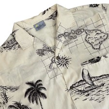 Vtg Royal Creations Hawaiian Shirt Mens M Cream Black Hawaii Map Palm Tree Aloha