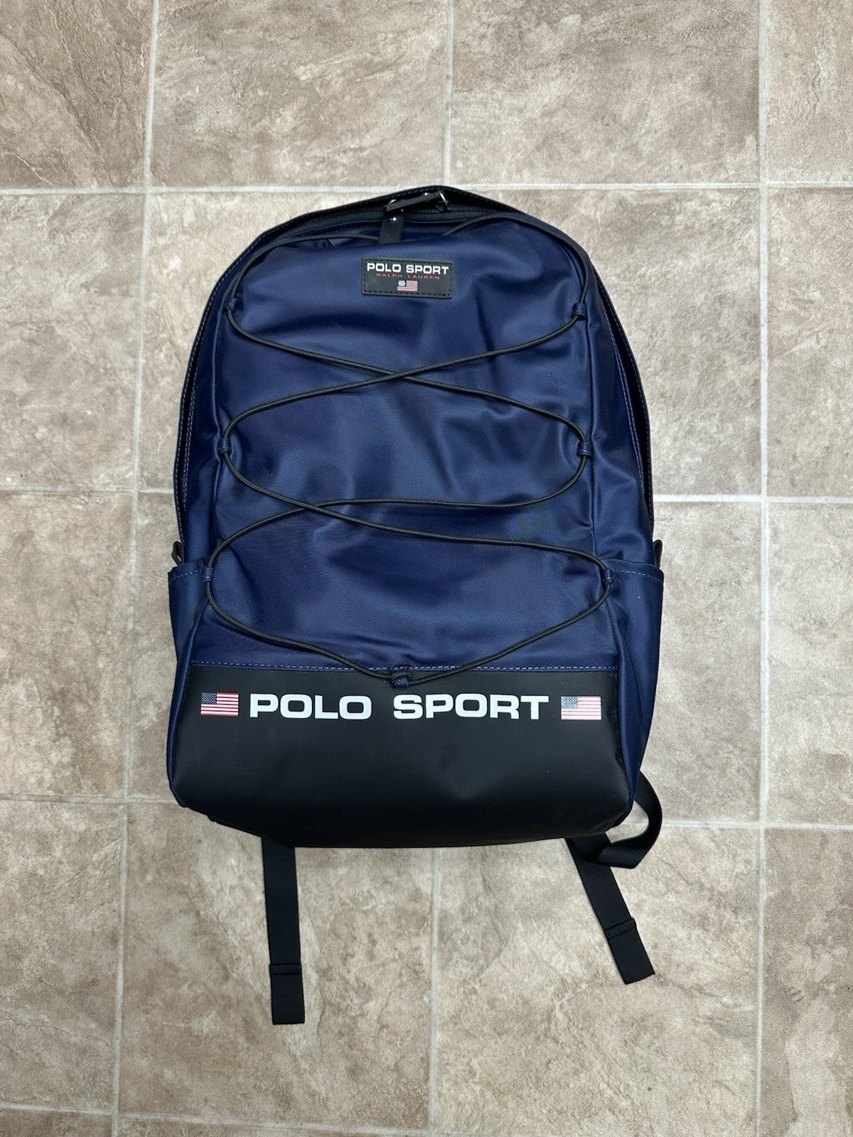 Vintage Polo Sport Ralph Lauren Navy Blue Nylon Backpack USA Flag Logo