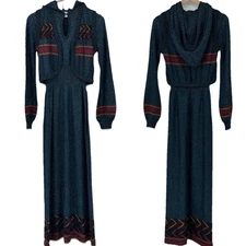 Vintage 70s Rare WENJILLI Dress & Vest Set Blue Metallic Knit Maxi SZ 11/12