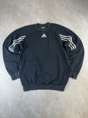 Vintage 90s Adidas Pullover M Center Logo Black Crewneck 3 Stripe Wrapped Sleeve