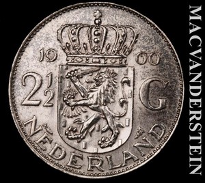 Netherlands: 1960 Silver 2.5 Gulden - Scarce  High Grade  Lustrous  #L7945