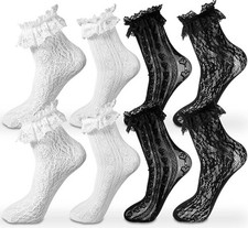 4 Pairs lace ruffle socks Lace Socks for Women Ankle Ruffle,White Black Mesh...