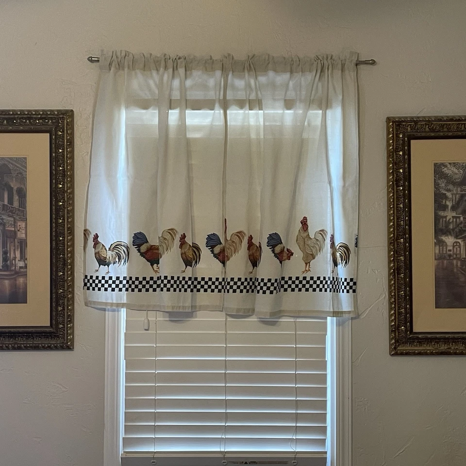 3 Pc Vtg Chicken Rooster Farm Country Curtain Panels Valance Checkered Black - Image 3 of 4
