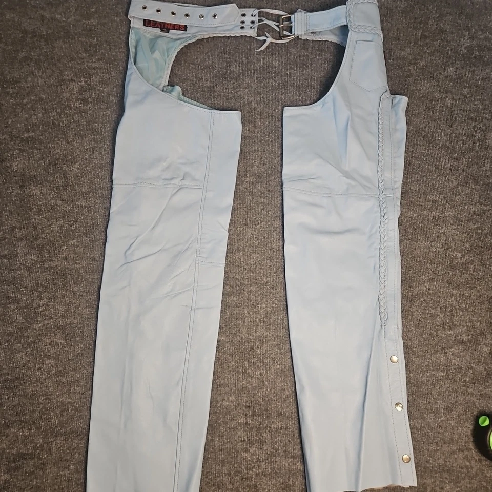 De colección Lo último Cuero Bebé Azul Motocicleta Chaps Mujeres XL Motociclista Años 80 Retro Foto 2 de 4