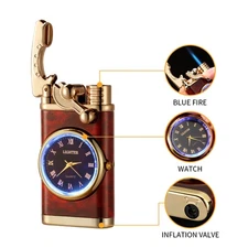 Metal Windproof Cigar Lighter Clock 1 Jet Flame Torch Butane Refillable Gift Box