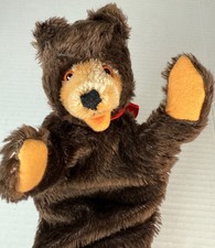 Vintage Steiff Mohair Brown Bear Hand Puppet Glass Eyes Red Ribbon No Tag Cute