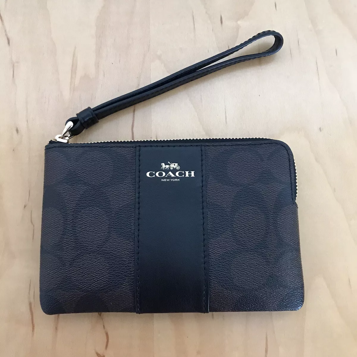 Coach New York Brown Black SIG PVC Leather Corner Zip Wristlet
