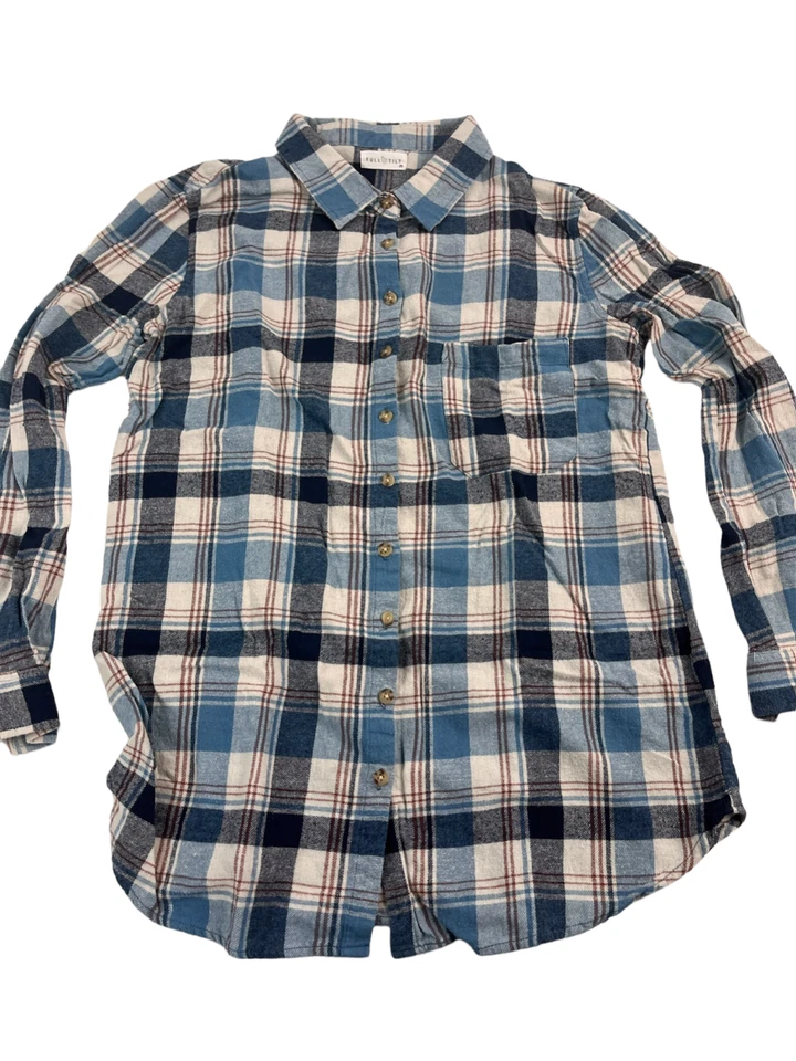 Женская рубашка на пуговицах с полным наклоном синяя клетчатая с длинным рукавом рулон вкладка - средняя - Изображение 2 из 4