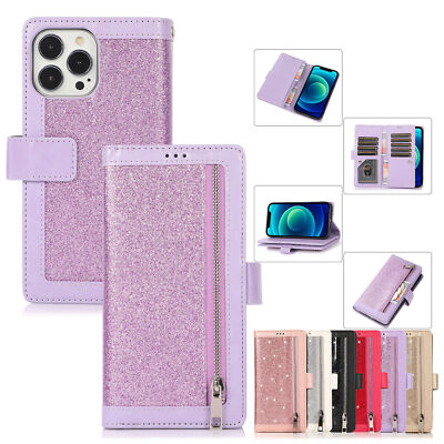 Glitter Zipper Wallet Card Phone Case for Samsung S8 S9 S10 S20 S21 S22 Note 20