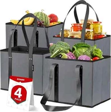 4 Pack Reusable Grocery Bags - Heavy Duty Reusable Shopping Bags with Box Shape