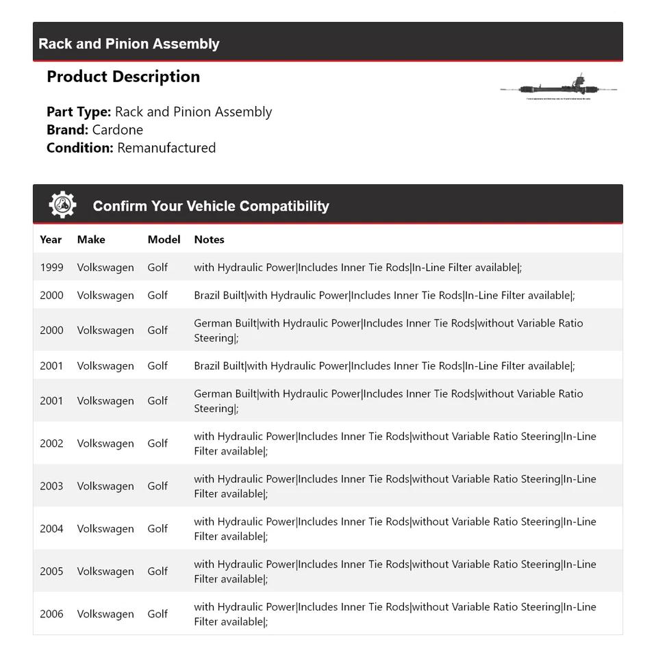 Conjunto de piñón y cremallera de golf para Volkswagen 1999-2006 Cardone 2000 2001 2002 Foto 2 de 4