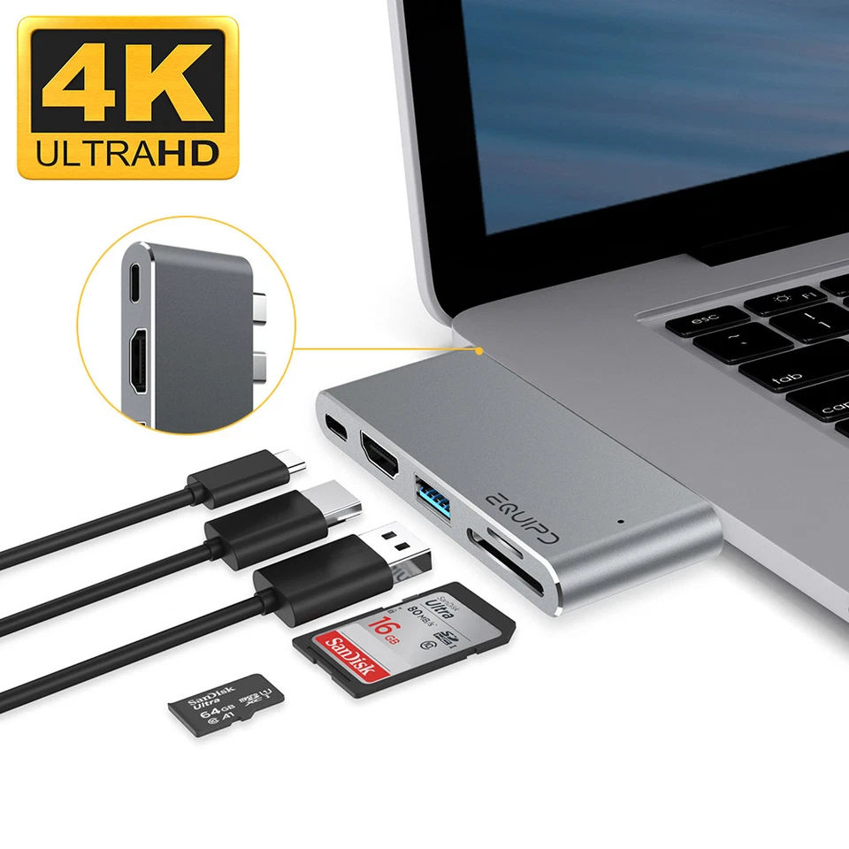 Aluminum USB-C Hub w/4K HDMI, Thunderbolt 3, USB 3, Card Reader for Macbook Pro