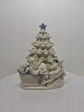 Vintage Lefton White Christmas Tree With Santa In Sleigh Candle Holder D22
