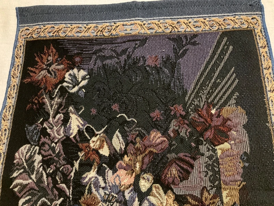 Vintage Tapestry Wall Hanging Flower Art Design Blues 16" x 23.5 - Image 2 of 4
