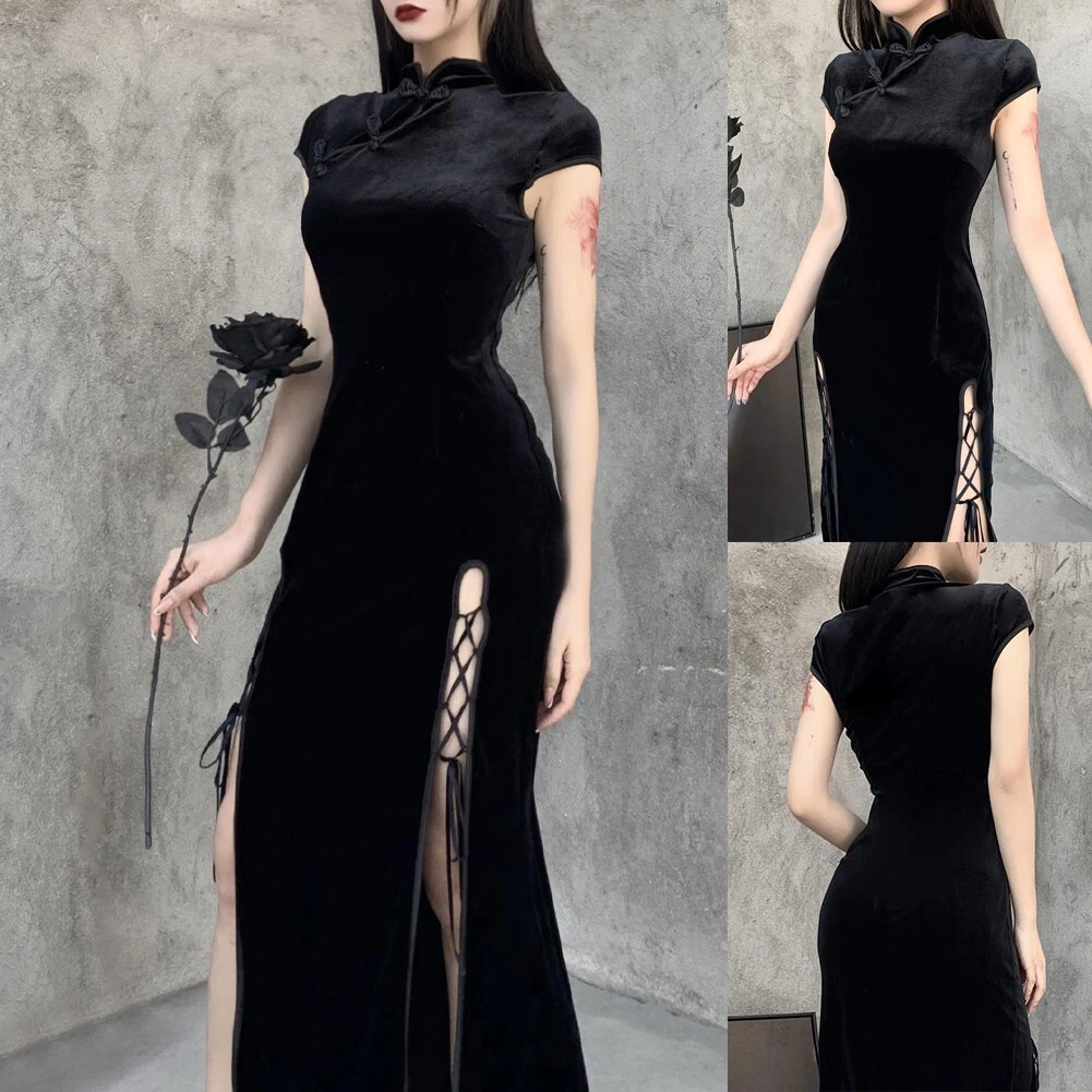 Female Women Dress Clothes Black Bodycon Dresses Gothic Long Aesthetic