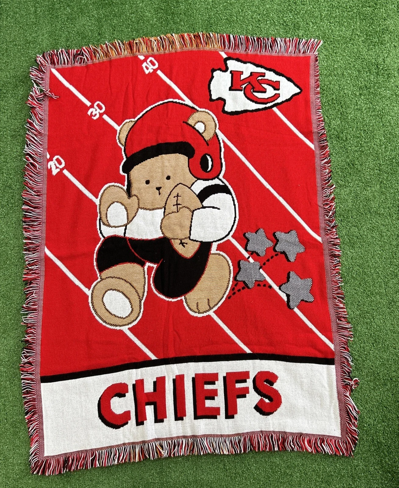 KC vintage knit Woven baby blanket teddy bear football