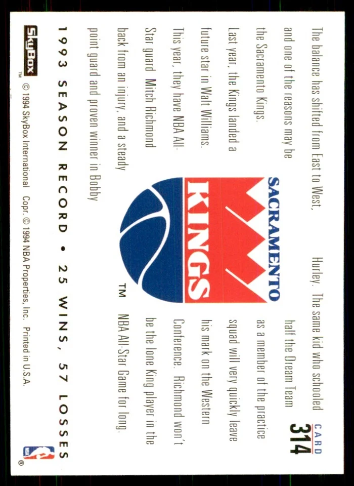 1993-94 SkyBox. Bobby Hurley/Mitch Richmond Basketball Cards #314 - Image 2 of 2