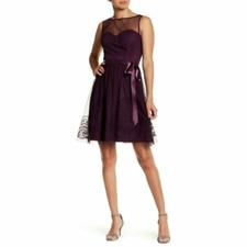 Eliza J M Plum Purple Mesh Flare dress illusion Cocktail Formal Rosette Chic Wow
