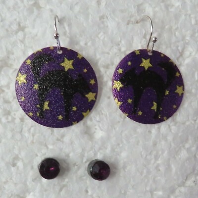 Black Cat Purple & Star Round Disk 1'' Earrings + Deep Purple Studs