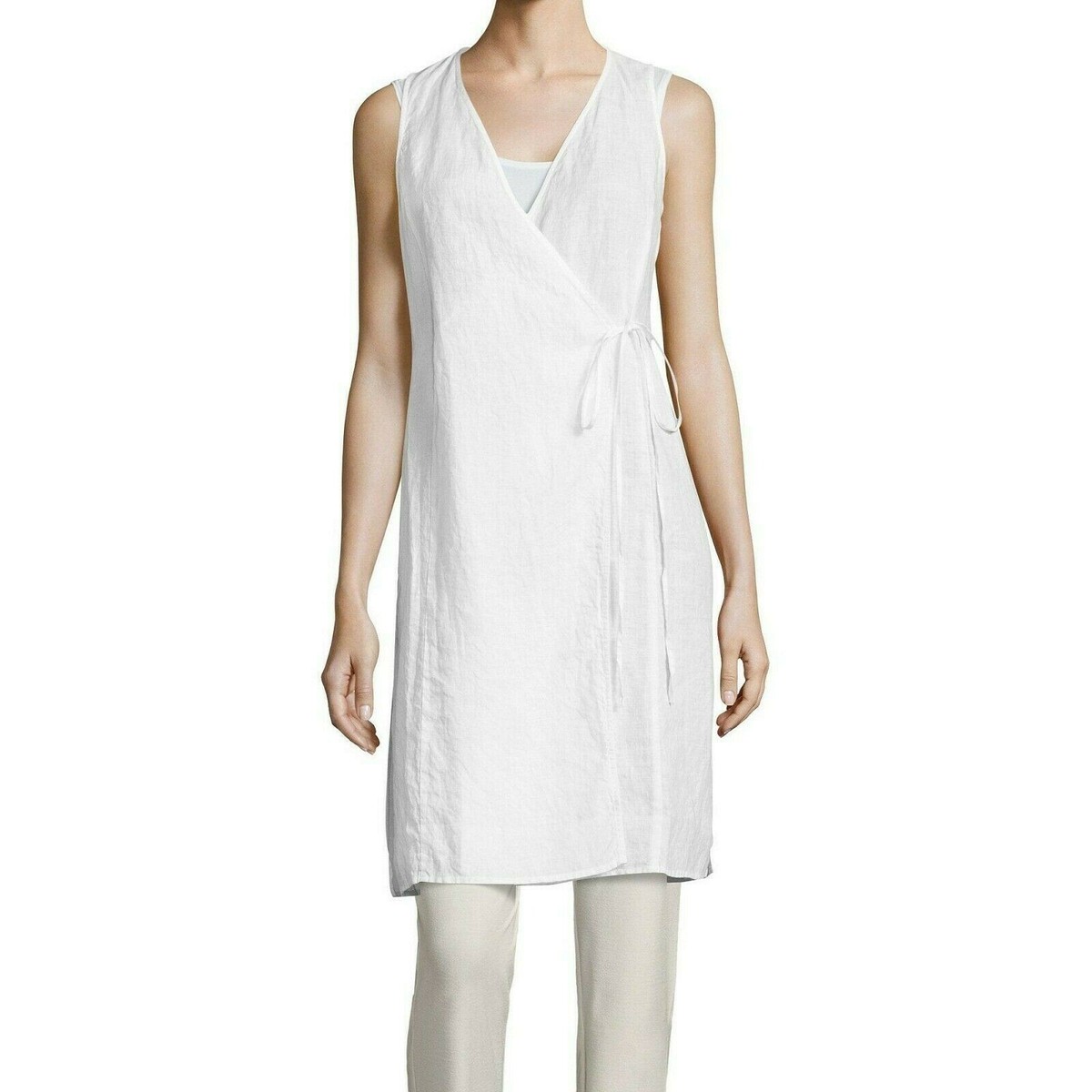 Eileen Fisher Womens Linen V-Neck Wrap Top White Xs