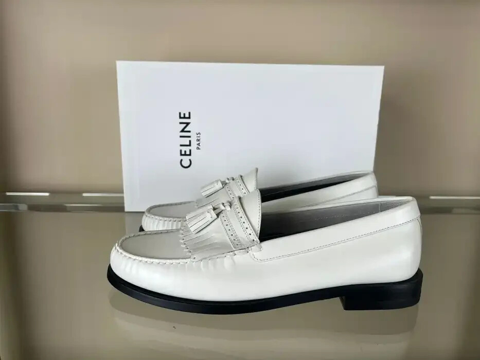 Celine , Polished Calfskin Loafer 15 With Tassels in White BNWB 41 