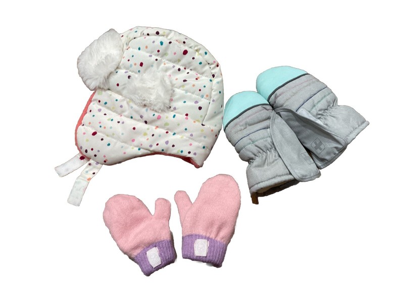 Girls Swiss Tech Winter Trapper Hat Pink Mittens Toddler One Size Polka Dots Lot