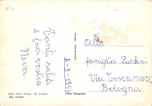 532) CARTOLINA ST JACQUES COLONIA OLIVETTI VIAGGIATA 1953 AOSTA - Picture 2 of 2