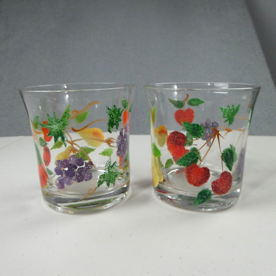 Vintage-Style Hand Painted Fruit Lowball Glasses Set of 2 4''x4'' Old Fashioned