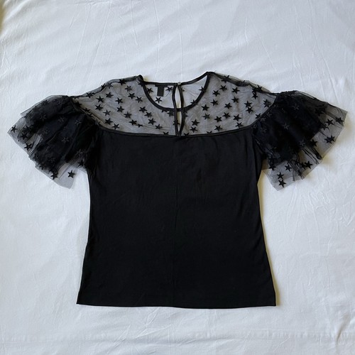 J Crew Top S Black Star Tulle Ruffle Keyhole Sheer Embroidered Cotton Blouse - Picture 14 of 23