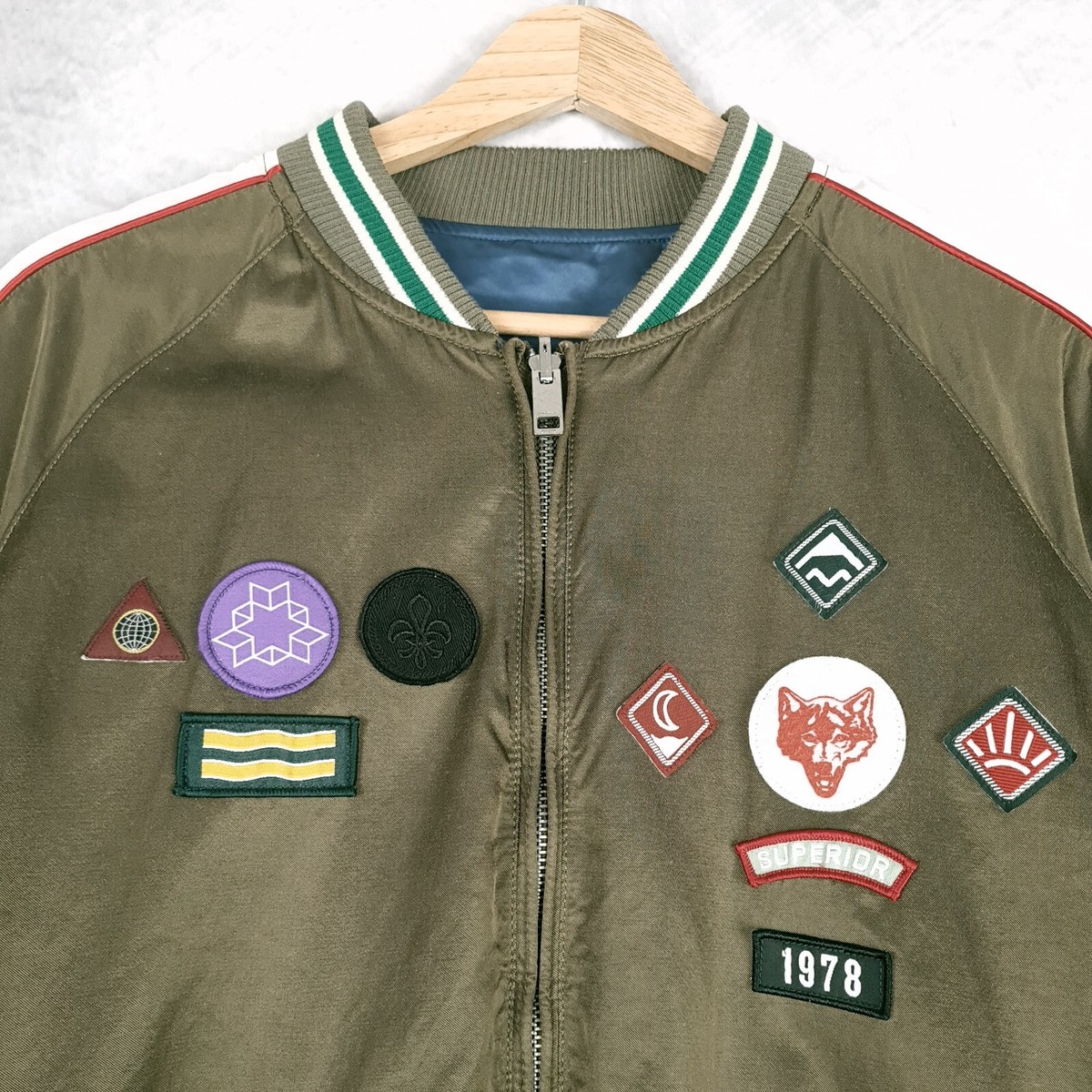 Diesel Patch Bomber Jacket Mens M / Large Green Satin Reversible  