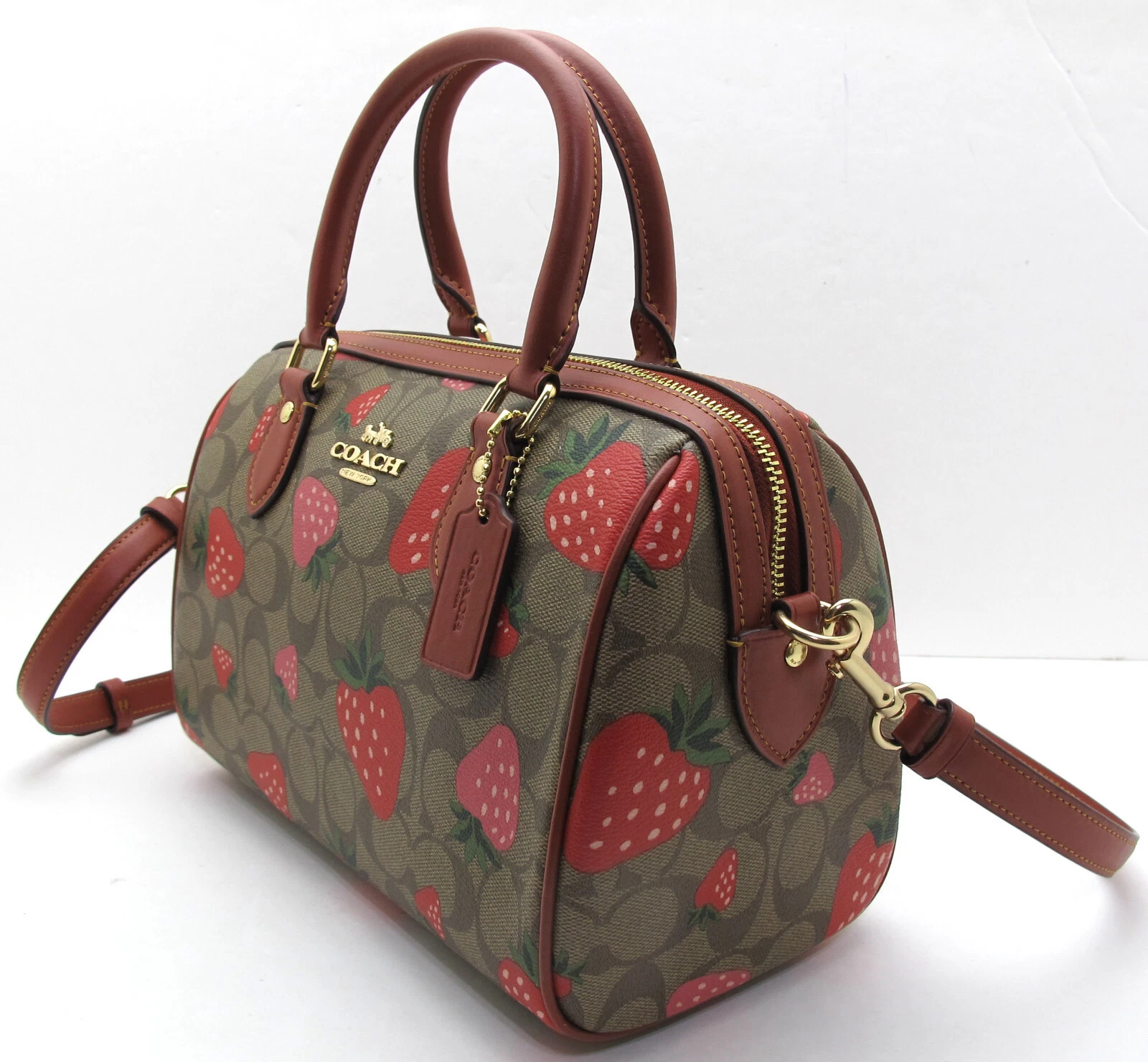 NUOVA borsa Coach Rowan fragola PVC firma pelle tracolla cachi oro